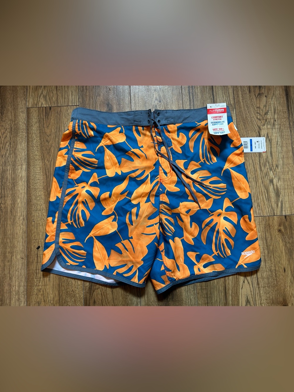 Speedo Blue Swim Board Shorts with Orange Leaf Print